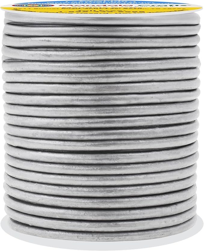 Mandala Crafts Round Genuine Silver Leather Cord for Jewelry Making – 3mm Cowhide Leather Rope String Lace for Kumihimo – 20 Yards Cowhide Craft Cording Spool