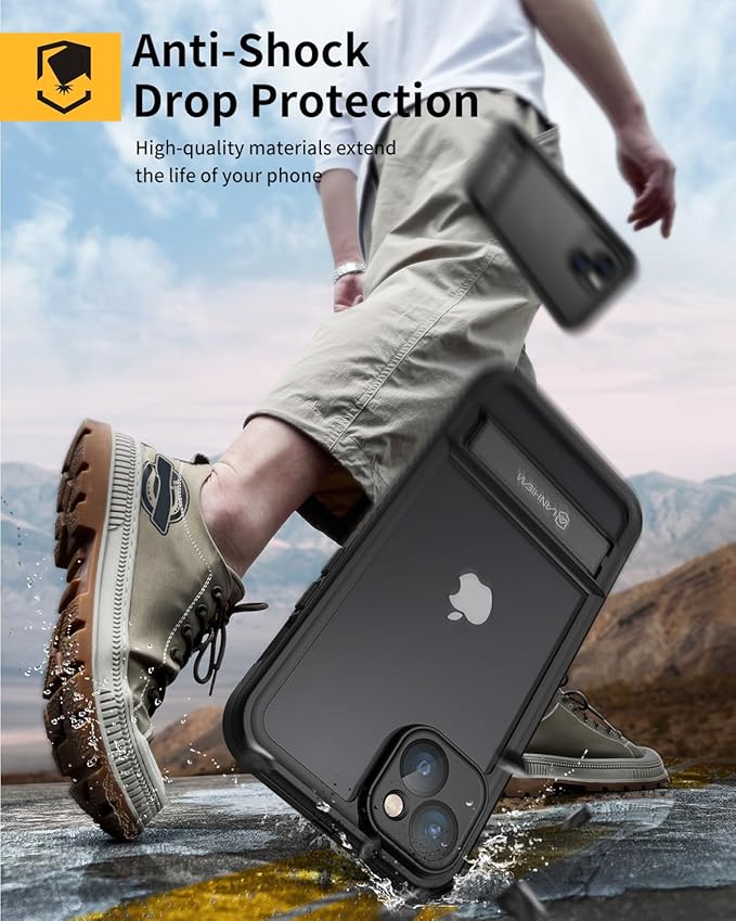 Lanhiem for iPhone 15 Case with Kickstand, IP68 Waterproof Dustproof Built-in Screen Protector, Full Body Shockproof Protective Front and Back Cover for iPhone 15, 6.1 Inch (Black)