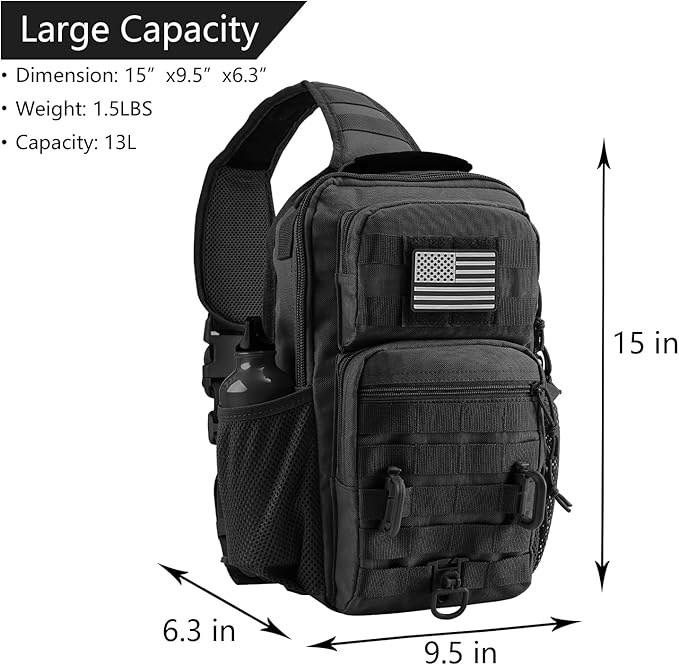Rover Sling Pack Tactical Shoulder Sling Bag Backpack with Bottle Holder Crossbody Chest Bag, Black with Grey Patch