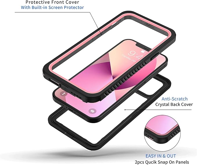 Lanhiem for iPhone 12 Case, Waterproof Dustproof Shockproof Case with Built-in Screen Protector [Not for iPhone 12 Pro], Full Body Underwater Protective Cover for iPhone 12 6.1 inch -Pink