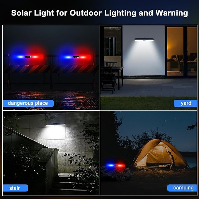 Aolyty Solar Lights Outdoor, 3 Work Modes Solar Strobe Lights Waterproof Warning Wall Light 4 Pack Bright White Light/Red & Blue Light Flashing for Garden Patio Yard Front Door Home