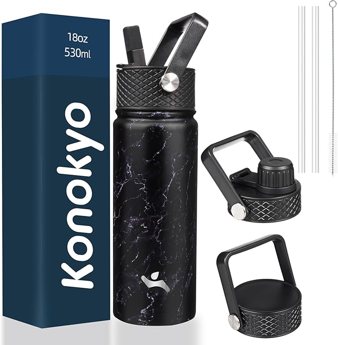 Konokyo 18 oz Insulated Water Bottle Stainless Steel Sport Bottles with 3 Lids,Marble Midnight