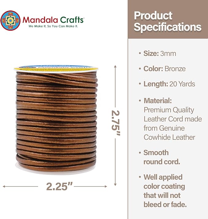 Mandala Crafts Round Genuine Bronze Leather Cord for Jewelry Making – 3mm Cowhide Leather Rope String Lace for Kumihimo – 20 Yards Cowhide Craft Cording Spool