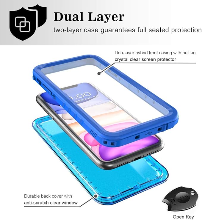 SPORTLINK Waterproof Case for iPhone 11, Full Body Heavy Duty Protection Full Sealed Cover Shockproof Dustproof Built-in Clear Screen Protector Rugged Case for iPhone 11 6.1 Inch Blue