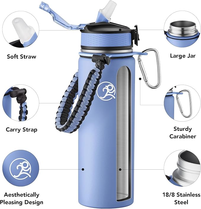 GOSWAG Insulated Sports Water Bottle, 24oz 2 Lids(with Straw/No Straw), Stainless Steel Water Bottles with Paracord Handle, Insulated Bottle with Double-Wall Vacuum Insulation
