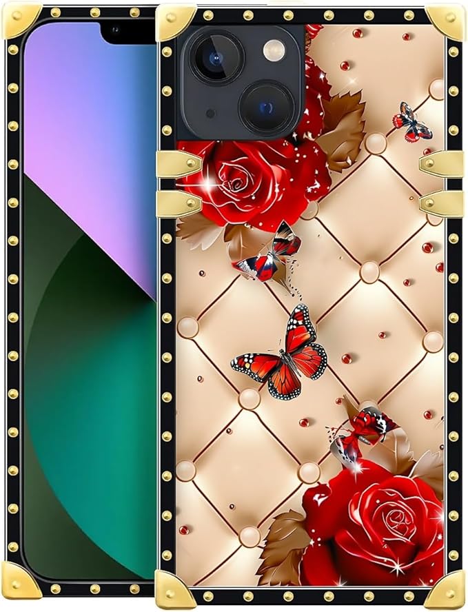 Compatible with iPhone 13 Case, Shining Red Rose Butterfly Leather Background Luxury Golden Decoration for Girl Women Soft TPU Shockproof Protective Hard PC Back for iPhone 13