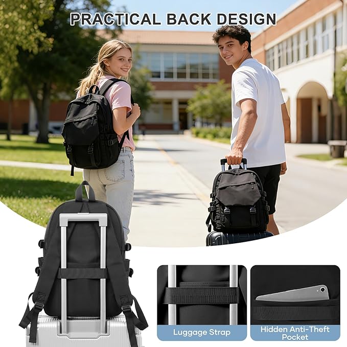 coowoz School Backpack for Men Women College Bookbag Waterproof Lightweight Black Backpack Mochilas Book Bag Rucksack Casual Daypack School Bag for Boys Girls