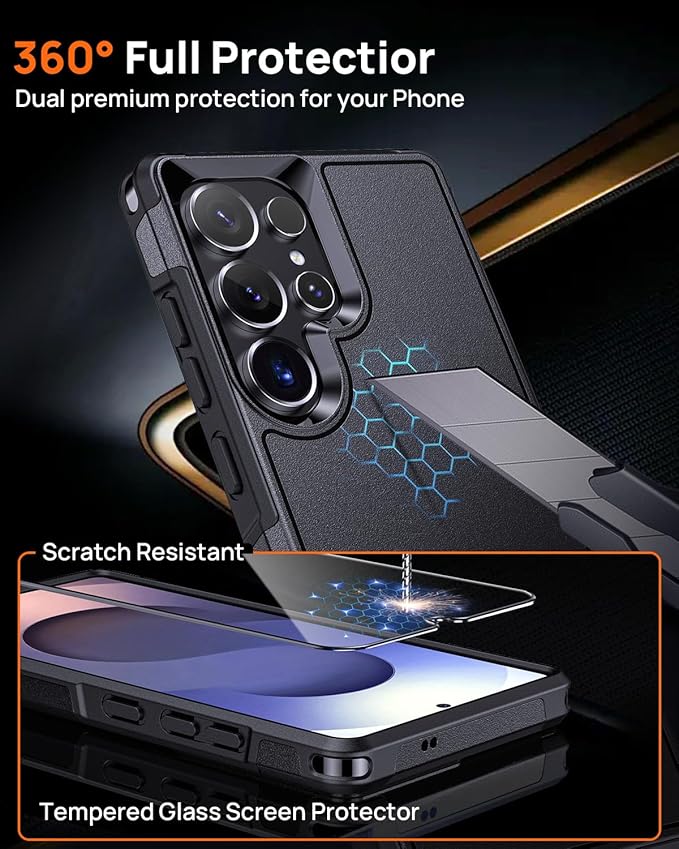 Lanhiem Magnetic for Samsung Galaxy S25 Ultra Phone Case with Tempered Glass Screen Protector, Shock Absorption, Anti-Scratch Shockproof Case Cover for Samsung S25 Ultra, Black