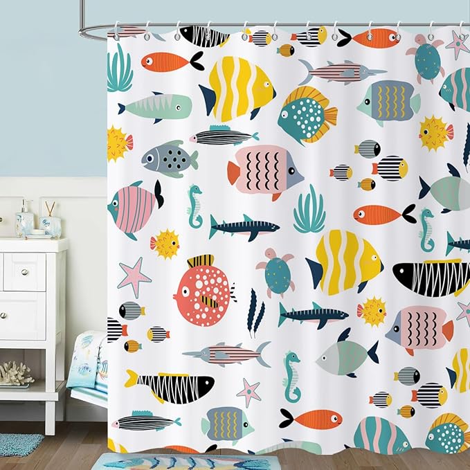 Kid Shower Curtain, Colorful Cartoon Tropical Fish Ocean Beach Theme Bath Curtain Waterproof Fabric Machine Washable with Hooks, 48" Wx72 L