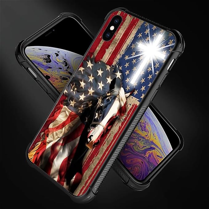 for iPhone Xs Max Case, Red American Flag Horse Cross Pattern Graphic Design Girl Boy Soft Silicone Hard Acrylic Shock Protection for iPhone Xs Max