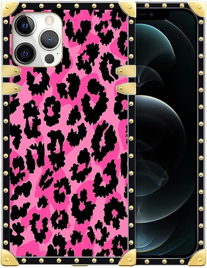 Compatible with iPhone 12 Pro Max Case, Pink Black Leopard Luxury Golden Decoration for Girl Women Soft TPU Shockproof Protective Hard PC Back for iPhone 12 Pro Max