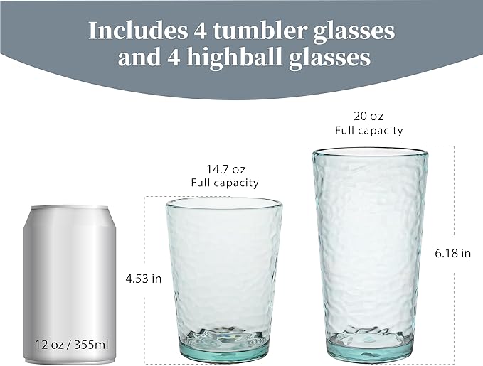 KLIFA- NICE- 14.7 & 20 ounce, Set of 8, Acrylic Tumbler & Highball Drinking Glasses, BPA-Free, Stackable Plastic Drinkware, Dishwasher Safe Cups, Light Teal