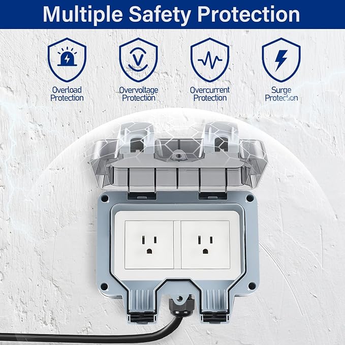 Outdoor Power Outlet Box with 16.4Ft Extension Cord, NEMA 5-15R, STW 14 AWG, Weatherproof Waterproof IP66 Electrical Outlet Extender, Exterior Wall Power Socket w/Cover for Garden