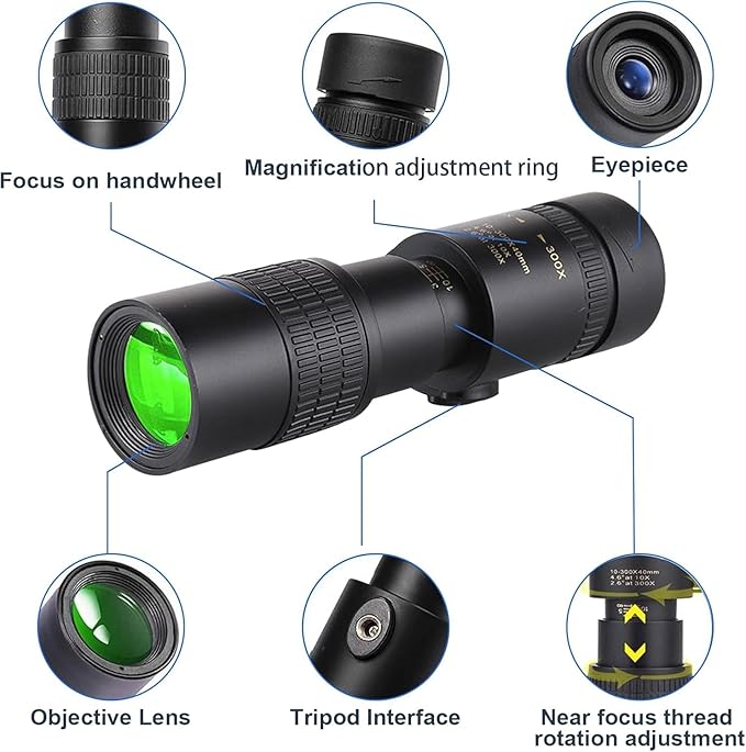10-300x40 Monoculars for Adults High Powered–Zoom Monocular Telescope with BAK4 & FMC Lens for Concerts, Birdwatching, Stargazing, Green (Smartphone Adapter &Tripod NOT Include)