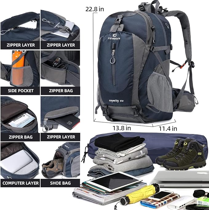 FENGDONG 50L Waterproof Lightweight Outdoor Daypack Hiking,Camping,Travel Backpack for Women Men blue
