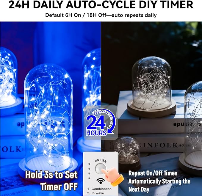 HXWEIYE Rechargeable Fairy Lights Battery Operated, DIY Timer & 8 Modes, 2 Pack 16FT 50LED Twinkle String Lights Indoor, Led mini Lights for Bedroom Wedding Dorm Christmas Tree Decor (Blue)