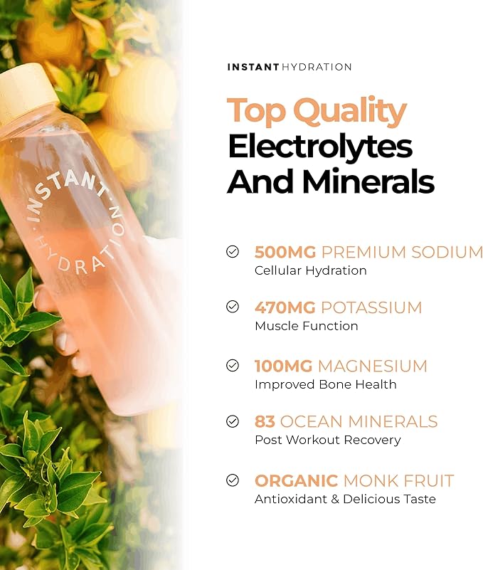 Instant Hydration Sugar Free Electrolytes Powder Packets - Orange Citrus Electrolyte Drink Mix & Travel Essentials - Post Workout Recovery, Brain Health, Muscle & Tissue Support - 20 Count