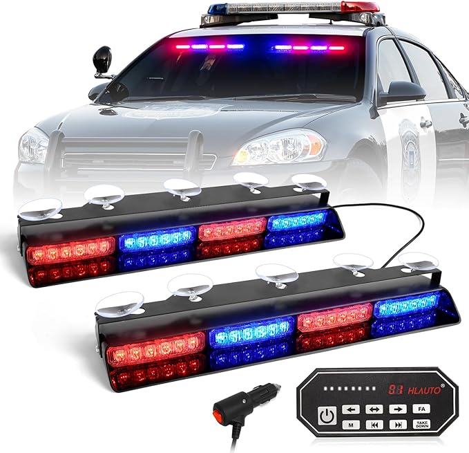 HLauto 604N Emergency Dash Strobe Lights: 2x16.8 inch Red Blue Security Light w/Take Down, 48 LED Safety Flashing Warning Hazard Interior Windshield Light Bar for Trucks Vehicles