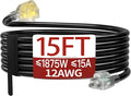 15 FT 12 Gauge Extension Cord Outdoor, Heavy Duty Weatherproof & Flame Retardant Black 3 Prong Power Cord with Light, Outside for Lawn & Garden, 15 Amps 1875 Watts 125 VAC 12AWG SJTW, ETL Listed
