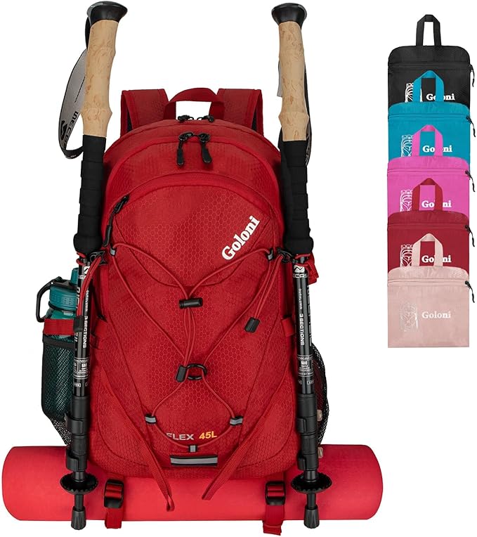 Goloni 45L Hiking Backpack Lightweight Foldable, Waterproof Camping Backpack with Rain Cover & Hiking Pole Mat Carrying System, Ergonomic Water Resistant Daypack for Trekking Travel Men Women Red
