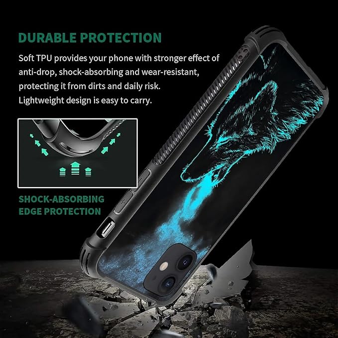for iPhone 12 Mini Case, Blue Breathing Wolf Pattern Graphic Design Girl Boy Soft Silicone Hard Acrylic Shock Protection for iPhone 12 Mini