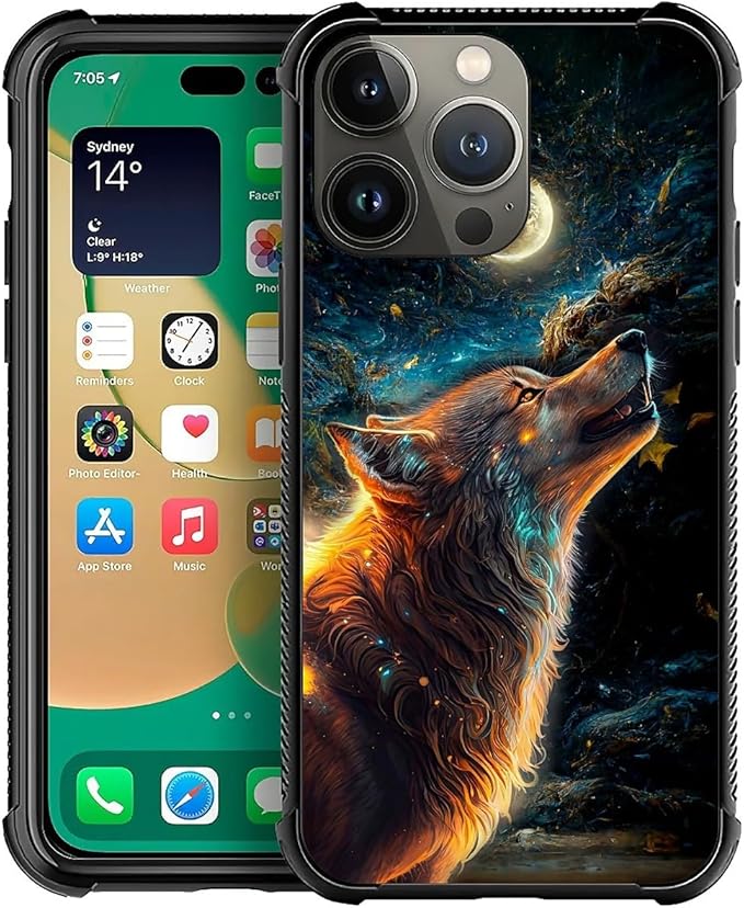 for iPhone 14 Pro Case, Star Cave Hungry Wolf Pattern Graphic Design Girl Boy Soft Silicone Hard Acrylic Shock Protection for iPhone 14 Pro