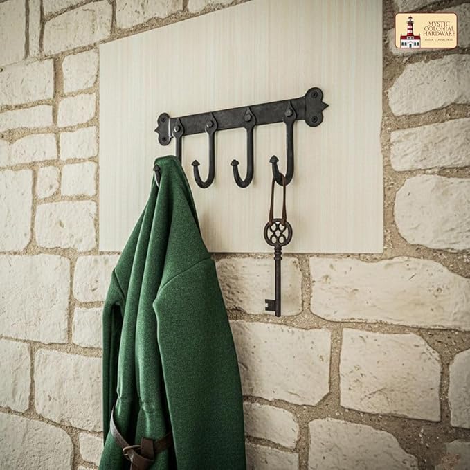 Mystic Colonial Medieval Rustic Hand-Forged Iron Wall Mounted Coat Rack (1 Pc, 4 Hooks) (5 in x 11 in) | Vintage Black Finish Heavy-Duty Utility Hanger for Coats, Towels, Keys & Bags