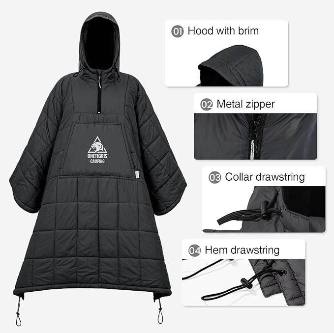 ONETIGRIS Camping Blanket Poncho with with Recycled Synthetic Insulation,Wearable Hoodie Blanket | Ultralight Water-Resistant Warm Camping Blanket for Outdoor, Hiking, Stadium