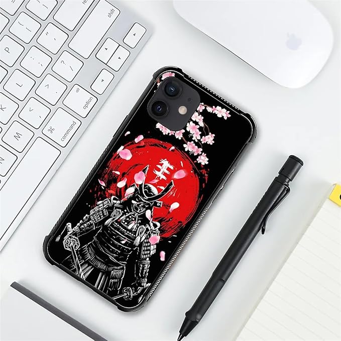 for iPhone 12/12 Pro Case, Sakura Japanese Samurai Pattern Graphic Design Girl Boy Soft Silicone Hard Acrylic Shock Protection for iPhone 12/12 Pro