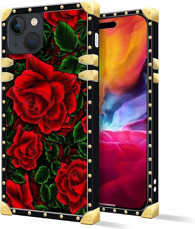 Compatible with iPhone 15 Case, Vector Red Rose Green Leaf Luxury Golden Decoration for Girl Women Soft TPU Shockproof Protective Hard PC Back for iPhone 15