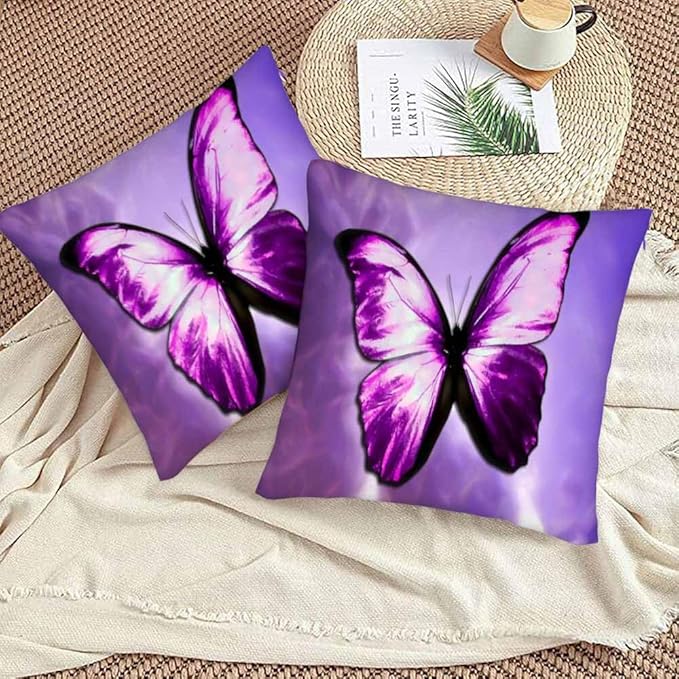 Purple Butterfly Couch Pillow Covers 18 X 18 Vibrant Magical Nature Insect Set of 2 Pillowcases Square Velvet Outdoor Cushion Pillow Cases Decorative for Home Bed Sofa Couch Hotel
