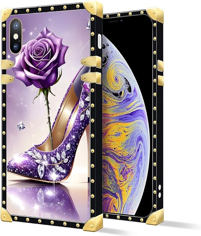 Compatible with iPhone XR Case, High Heeled Purple Diamond Rose Luxury Golden Decoration for Girl Women Soft TPU Shockproof Protective Hard PC Back for iPhone XR