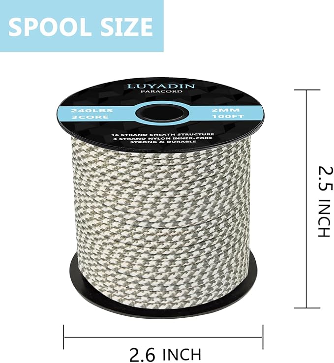 Paracord 240lb - Diameter 2mm Micro Utility Cord -3 Strand Parachute Spool Cord - 100ft 200ft,Paracord for Camping,Hiking,Fishing,Outdoor and DIY