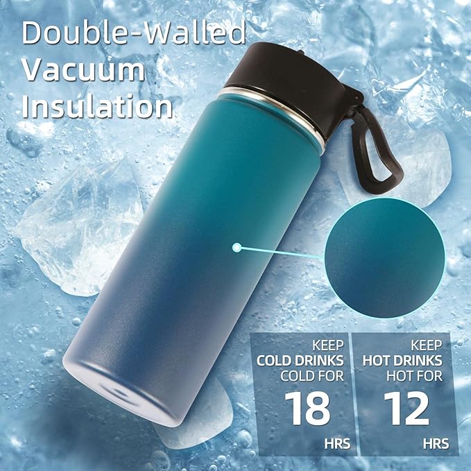 Volhoply 18oz Insulated Water Bottle Bulk 2 Pack,Kids Stainless Steel Water Bottles with Straw,Wide Mouth Reusable Metal Bottle,Double Wall Vacuum Sports Flask For Cold Drink(Assorted,2 Set)