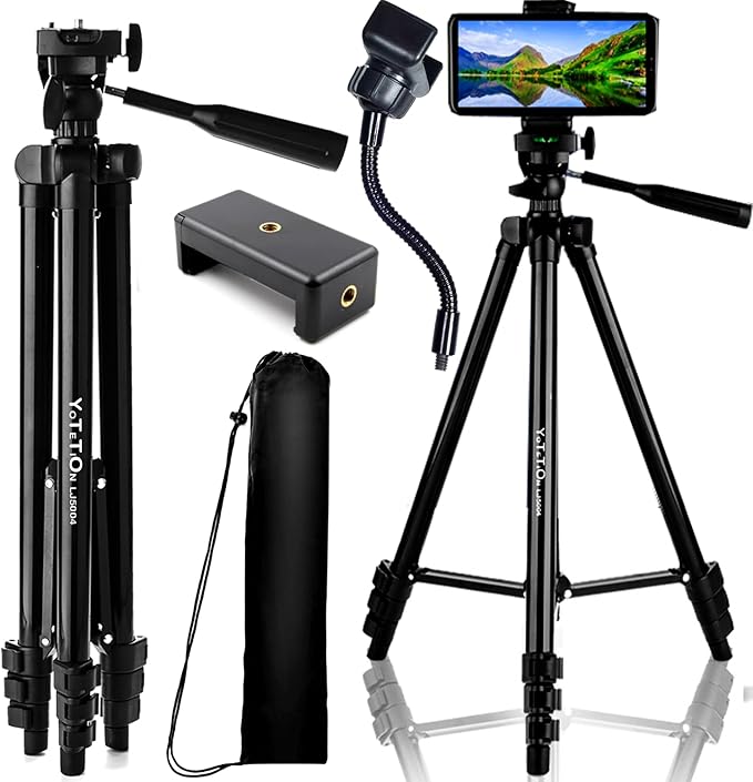 60" Aluminum Phone & Camera Tripod with Gooseneck Stand, Extendable Cell Phone Tripod Stand Compatible with iPhone/Android/Action Camera is Perfect for Live Streaming/Video Recording/Selfies