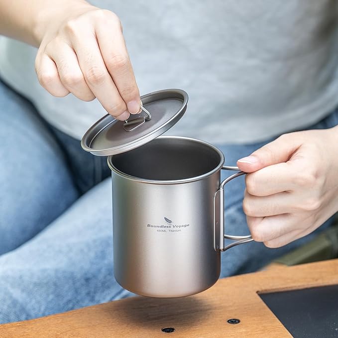 Boundless Voyage Titanium Camping Mug with Lid 300ml 450ml 750ml Lightweight Folding Handle Cup for Outdoor Backpacking Hiking Travel Durable Portable (450ml)
