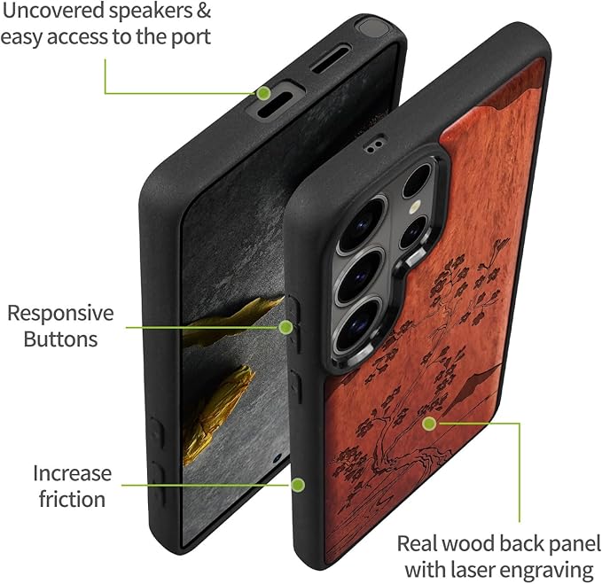 Carveit Magnetic Wooden Case for Samsung Galaxy S26 Ultra Case 2026, TPU Shockproof Cover & Wood Artisan Engraved, Compatible with MagSafe Wireless Chargers (Cherry Blossom with Mount Fuji) Rosy