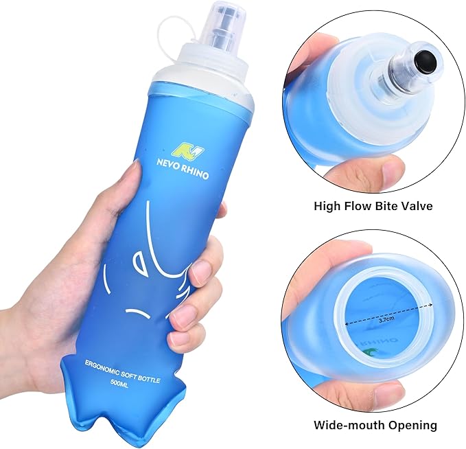 N NEVO RHINO 350ml/500ml TPU Soft Flask with Straw for Hydration Vest Pack Collapsible Water Bottle for Running Trail Hiking Cycling Marathon Camping
