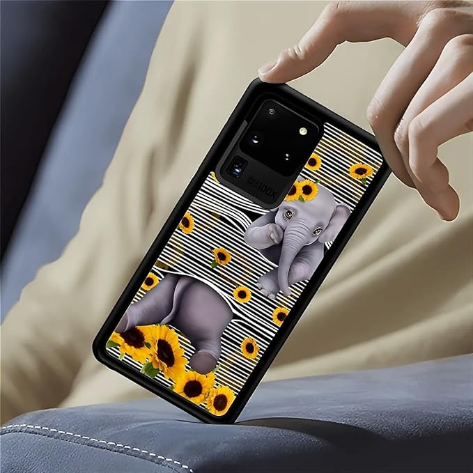for Samsung Galaxy S20 Ultra Case, Cute Little Elephant Sunflower White Line Art Pattern Graphic Design Soft Silicone Hard Acrylic Shock Protection for Samsung Galaxy S20 Ultra