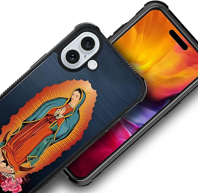 for iPhone 16 Case, Red Virgen Guadalupe Pattern Graphic Design Girl Boy Soft Silicone Hard Acrylic Shock Protection for iPhone 16