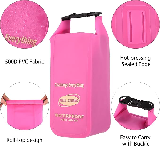 Boat First Aid Kit Waterproof, WELL-STRONG Marine Emergency Kit with Roll Top Dry Bag for Boating Fishing Kayaking – Water-Resistant Contents for Camping & Beach（Transparent Pink）