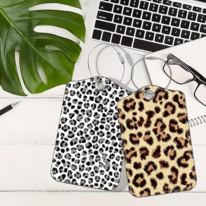 2 Pack Leopard Luggage Tags for Suitcases, Trendy Animal Print Travel ID Tags with Privacy Cover, PU Leather Bag Identifiers, Spring & Summer Vacation Essentials, Mother's Day, 2 Styles
