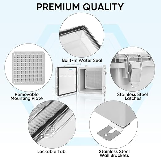 TICONN Outdoor Electrical Box Waterproof, Junction Box IP67 ABS Plastic Enclosure with Hinged Cover with Mounting Plate, Wall Brackets, Cable Glands (Clear, 11.8"x11.8"x7.1")