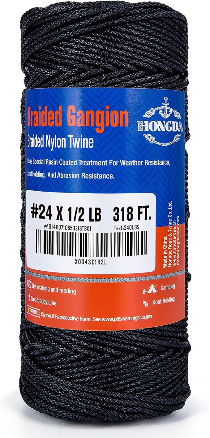HONGDA Braided Tarred Bank Line Braided Nylon Twine, 318 Feet #24 Bank Line, Black Tarred String 1.85mm for Trotline, Construction, Gear Tying, Jungle Survival