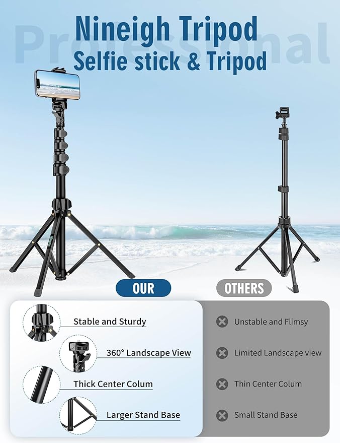 Nineigh Phone Tripod, 85" Tripod for Cell Phone iPhone with Gooseneck, Aluminum Tripods Stand for Video Recording Photo Vlog, Travel Cellphone Tripod with Remote Compatible with iPhone Android