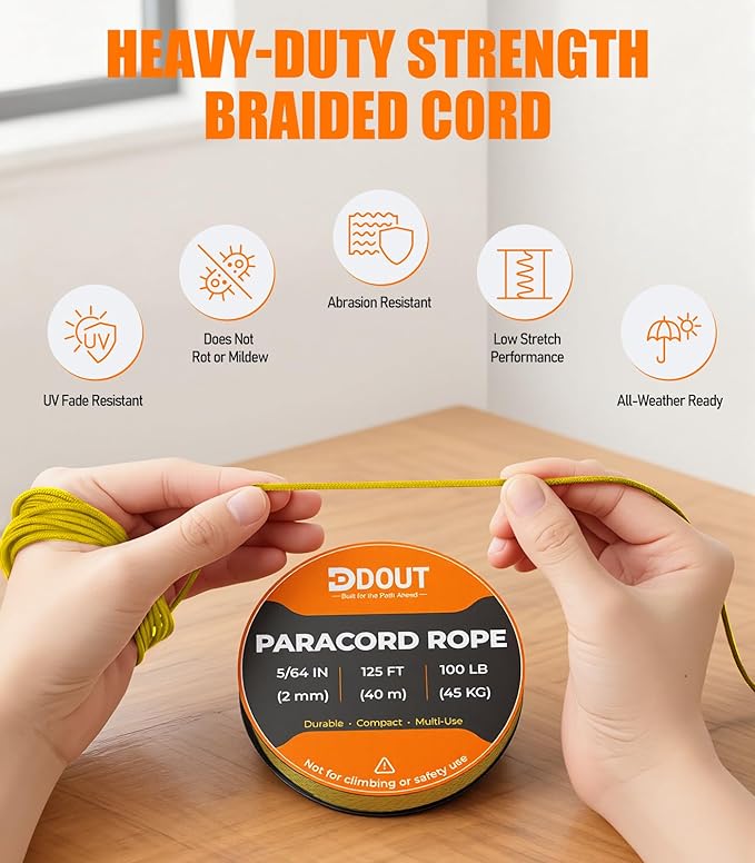 DDOUT 2mm Paracord 100lb, Thin Micro Paracord Rope, Yellow 125FT Nylon Cord for Crafting, DIY Projects, Fishing, Camping & Outdoor