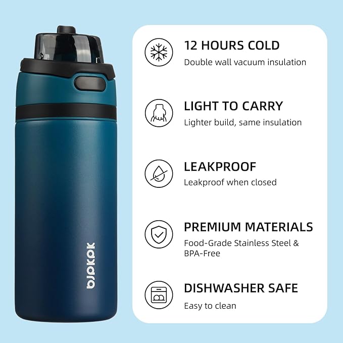 BJPKPK 17oz Insulated Water Bottle with 2-1 Straw Spout Lid, Stainless Steel Metal Water Bottles with Carry Handle, BPA Free, Leak-Proof, Fits in Car Cup Holder, Thermo for Sports,Sea