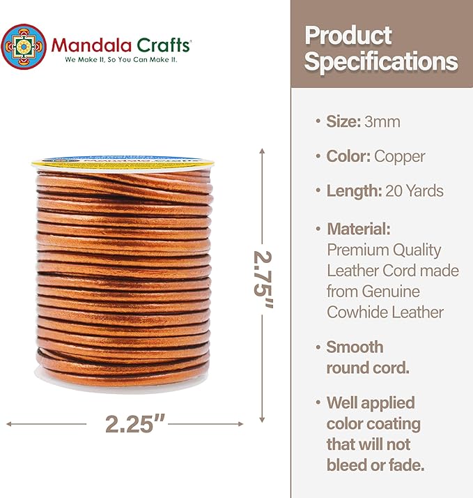 Mandala Crafts Round Genuine Copper Leather Cord for Jewelry Making – 3mm Cowhide Leather Rope String Lace for Kumihimo – 20 Yards Cowhide Craft Cording Spool