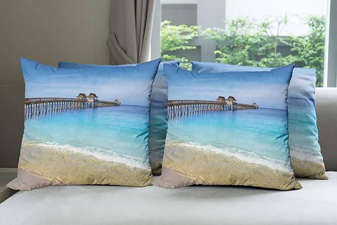 Ambesonne Dock Decorative Throw Pillow Case Pack of 4, Naples Pier Paradise Beach at Ocean in Florida USA Sunny Tropical Destination, Cushion Cover for Couch Living Room Car, 20", Azure Blue