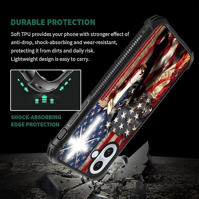 for iPhone 16 Case, Red American Flag Horse Cross Pattern Graphic Design Girl Boy Soft Silicone Hard Acrylic Shock Protection for iPhone 16